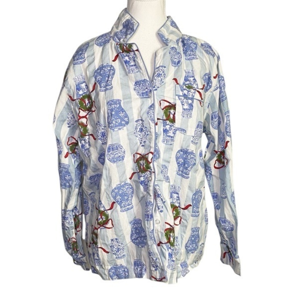 8 Oak Lane Blue and White Cotton Button Down Pajama Top
